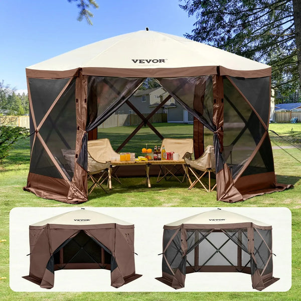 【DealsForYouDays】】VEVOR 12x12ft 6-Sided Pop-Up Sunshade Canopy Tent, Camping Gazebo Screen Tent with Mesh Windows, Portable Carry Bag & Stakes, Camping Equipment for Outdoor Lawn & Backyard, Brown/Beige,father'sdaygifts,campingessentials,campinggear