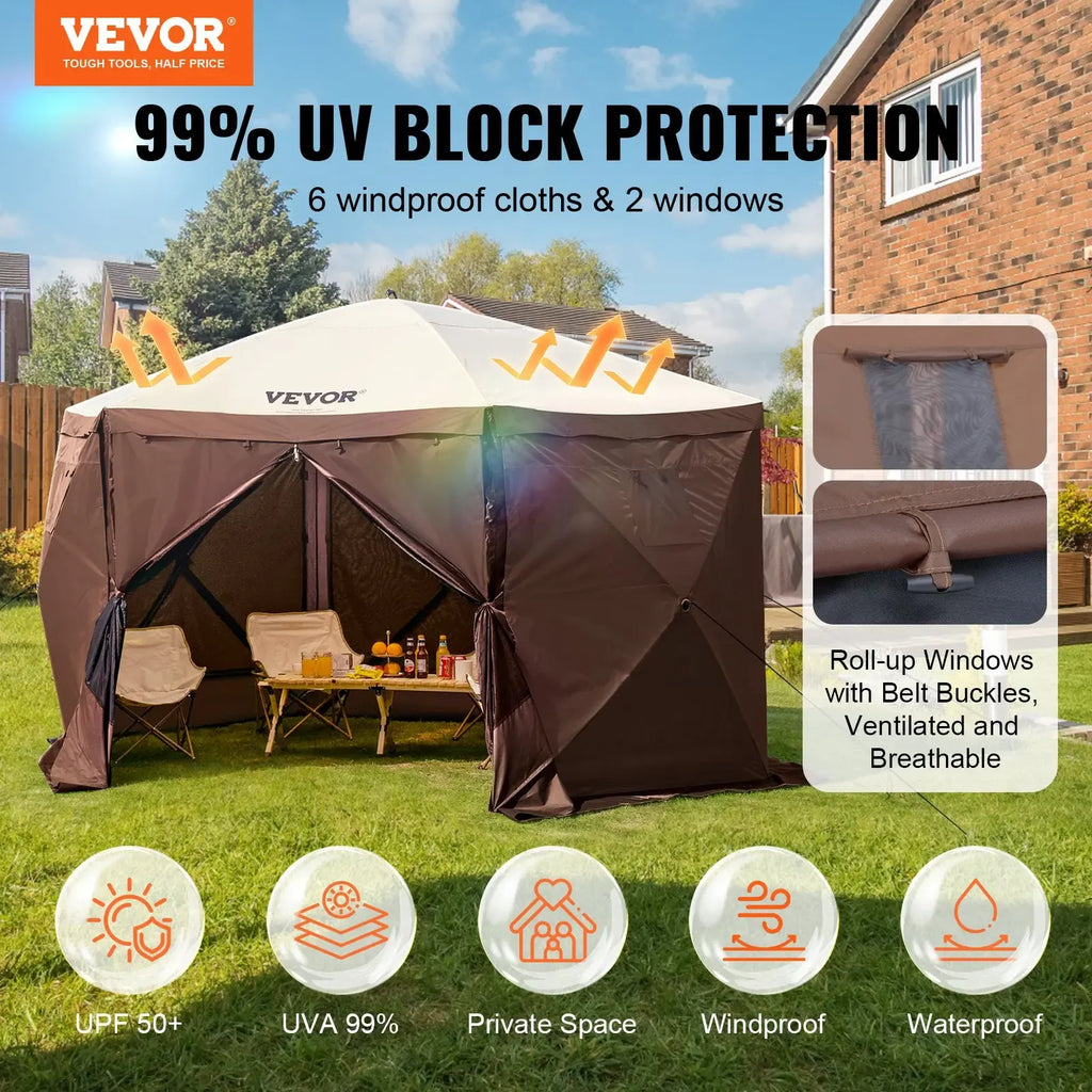 【DealsForYouDays】】VEVOR 12x12ft 6-Sided Pop-Up Sunshade Canopy Tent, Camping Gazebo Screen Tent with Mesh Windows, Portable Carry Bag & Stakes, Camping Equipment for Outdoor Lawn & Backyard, Brown/Beige,father'sdaygifts,campingessentials,campinggear
