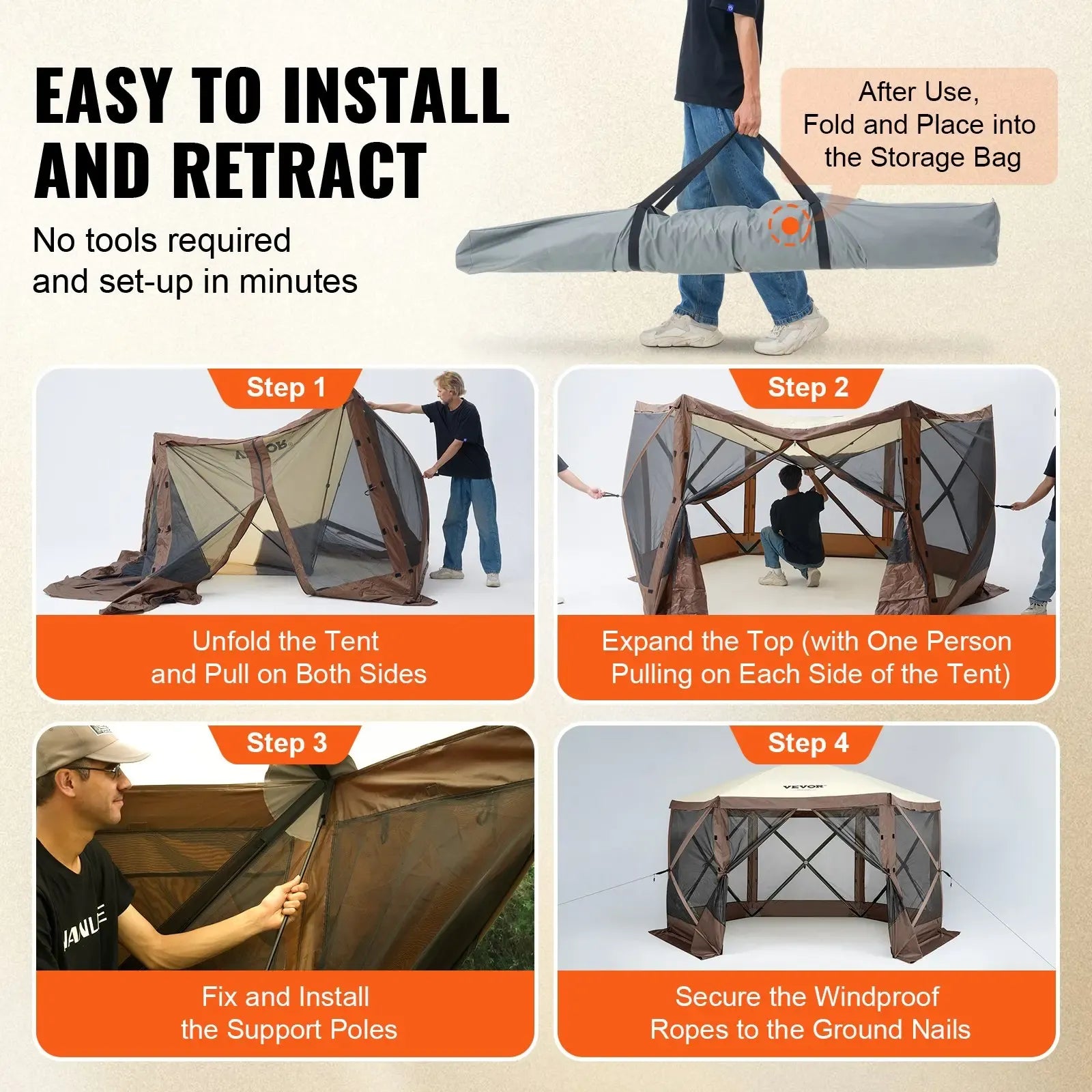 【DealsForYouDays】】VEVOR 12x12ft 6-Sided Pop-Up Sunshade Canopy Tent, Camping Gazebo Screen Tent with Mesh Windows, Portable Carry Bag & Stakes, Camping Equipment for Outdoor Lawn & Backyard, Brown/Beige,father'sdaygifts,campingessentials,campinggear