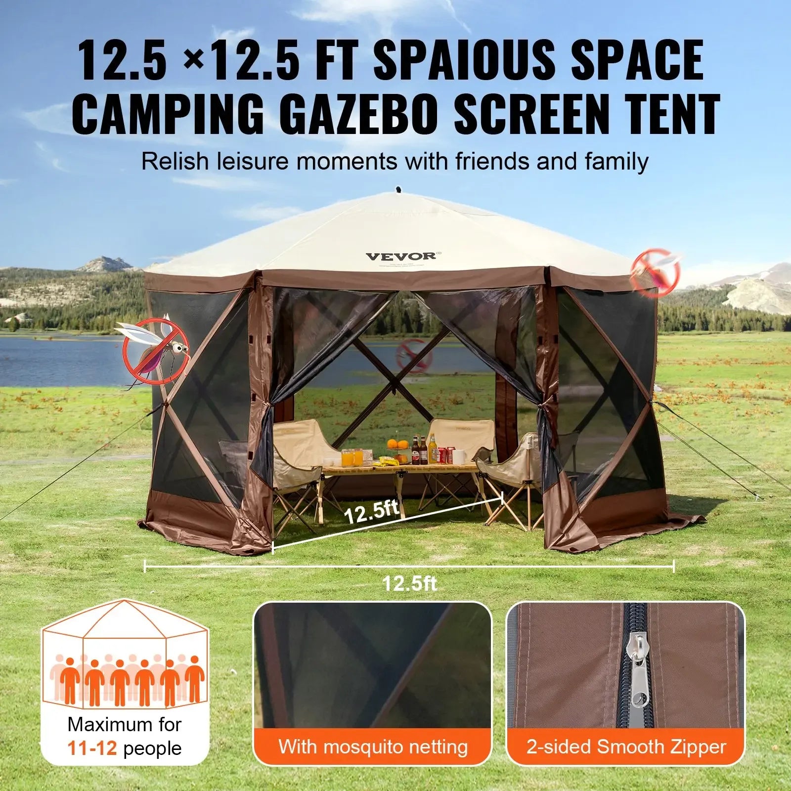 【DealsForYouDays】】VEVOR 12x12ft 6-Sided Pop-Up Sunshade Canopy Tent, Camping Gazebo Screen Tent with Mesh Windows, Portable Carry Bag & Stakes, Camping Equipment for Outdoor Lawn & Backyard, Brown/Beige,father'sdaygifts,campingessentials,campinggear