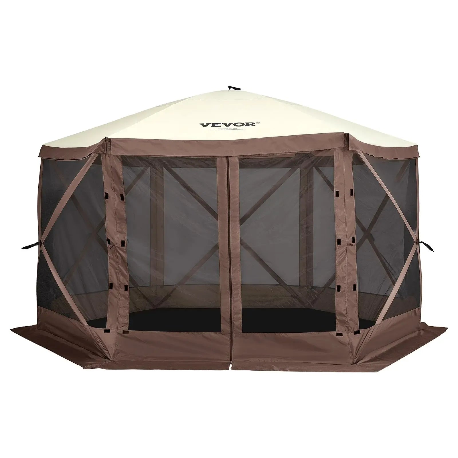 【DealsForYouDays】】VEVOR 12x12ft 6-Sided Pop-Up Sunshade Canopy Tent, Camping Gazebo Screen Tent with Mesh Windows, Portable Carry Bag & Stakes, Camping Equipment for Outdoor Lawn & Backyard, Brown/Beige,father'sdaygifts,campingessentials,campinggear