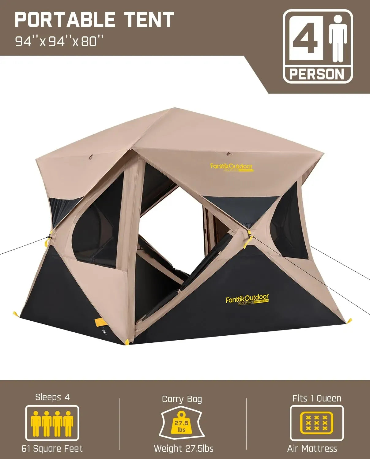 【DealsForYouDays】FanttikOutdoor Alpha C4 Ultra Camping Tent 4 Person Pop Up Instant Cabin Setup in 60 Seconds Portable Hub Tent with Rainfly & Windproof for Outdoor Camping & Overlanding Summervibes, Instant Canopy Tent, Windproof Folding Tent,father'sday