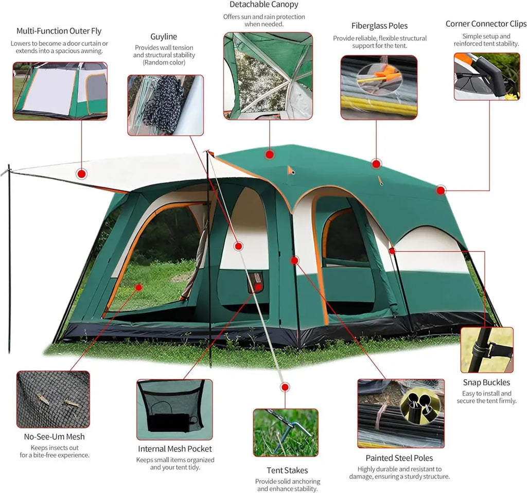 【Camping Essentials】2026 Extra Large 10-12 Person Family Tent Waterproof Instant Setup Oxford Polyester Lightweight Canopy with Mesh Windows & Double Doors - Camping Accessories for Outdoor Hiking Picnic Spacious Easy Pop Up Glamping Gear Gifts