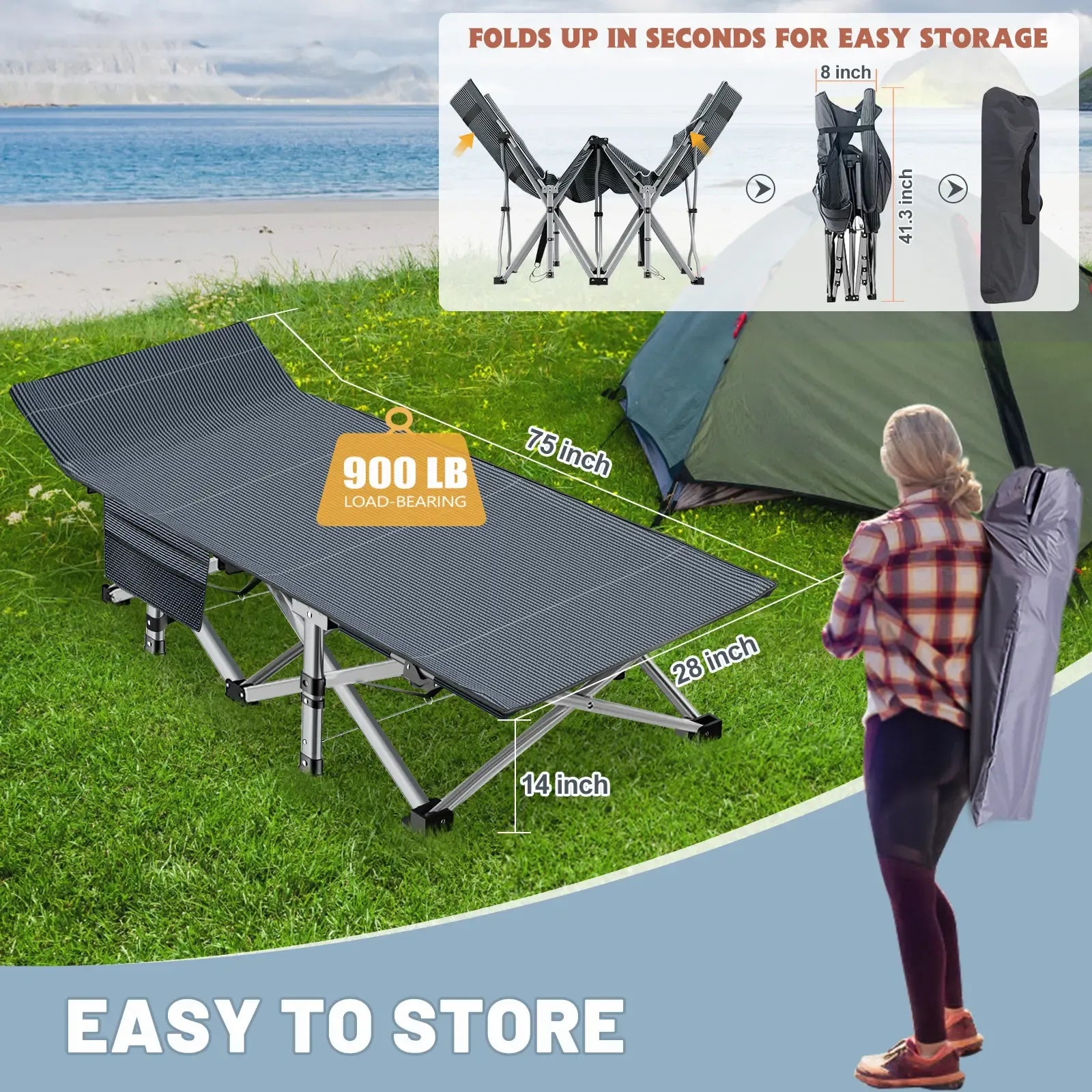#DealsForYouDays Naudacaa Folding Camping Cot with 2-Sided Mattress – Heavy-Duty, Portable Guest Bed for Camping, Travel, Outdoor & Indoor Use, Supports up to 880 lbs Blue
