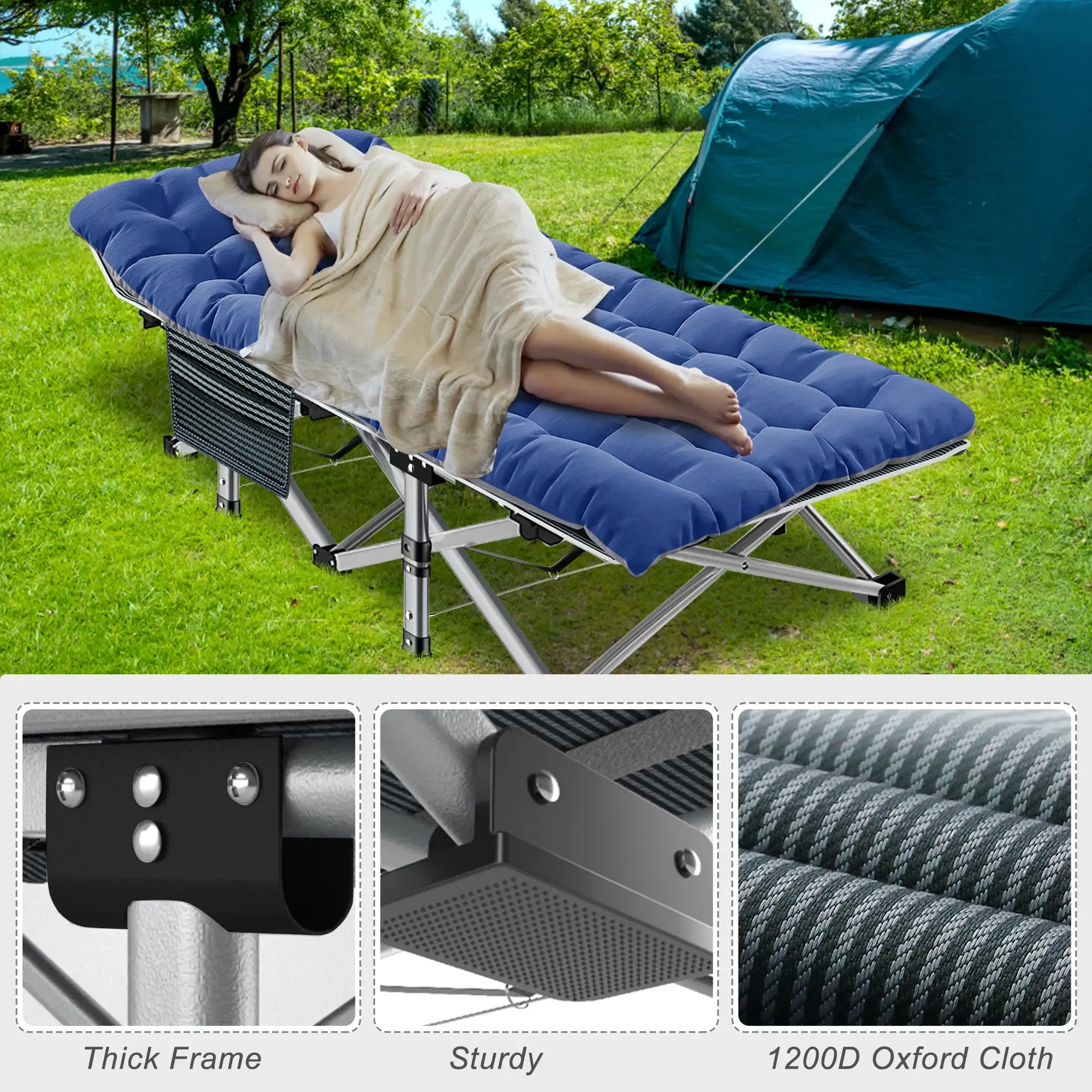 #DealsForYouDays Naudacaa Folding Camping Cot with 2-Sided Mattress – Heavy-Duty, Portable Guest Bed for Camping, Travel, Outdoor & Indoor Use, Supports up to 880 lbs Blue