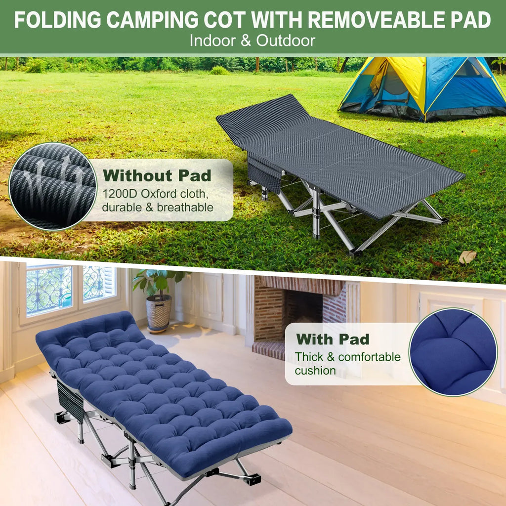 #DealsForYouDays Naudacaa Folding Camping Cot with 2-Sided Mattress – Heavy-Duty, Portable Guest Bed for Camping, Travel, Outdoor & Indoor Use, Supports up to 880 lbs Blue