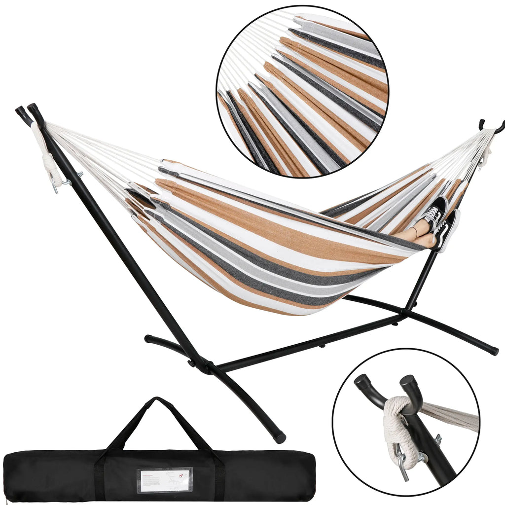 Segawe Portable Double Outdoor Hammock with 9FT Stand Set, Carry Case, 7 Brown, Spacious Comfortable Durable Hammock, Sturdy Stand, Outdoor Porch Swing, Patio Furniture, Backyard Garden Accessories, Outdoor Patio Swing, Breathable,father'sdaygifts,camping