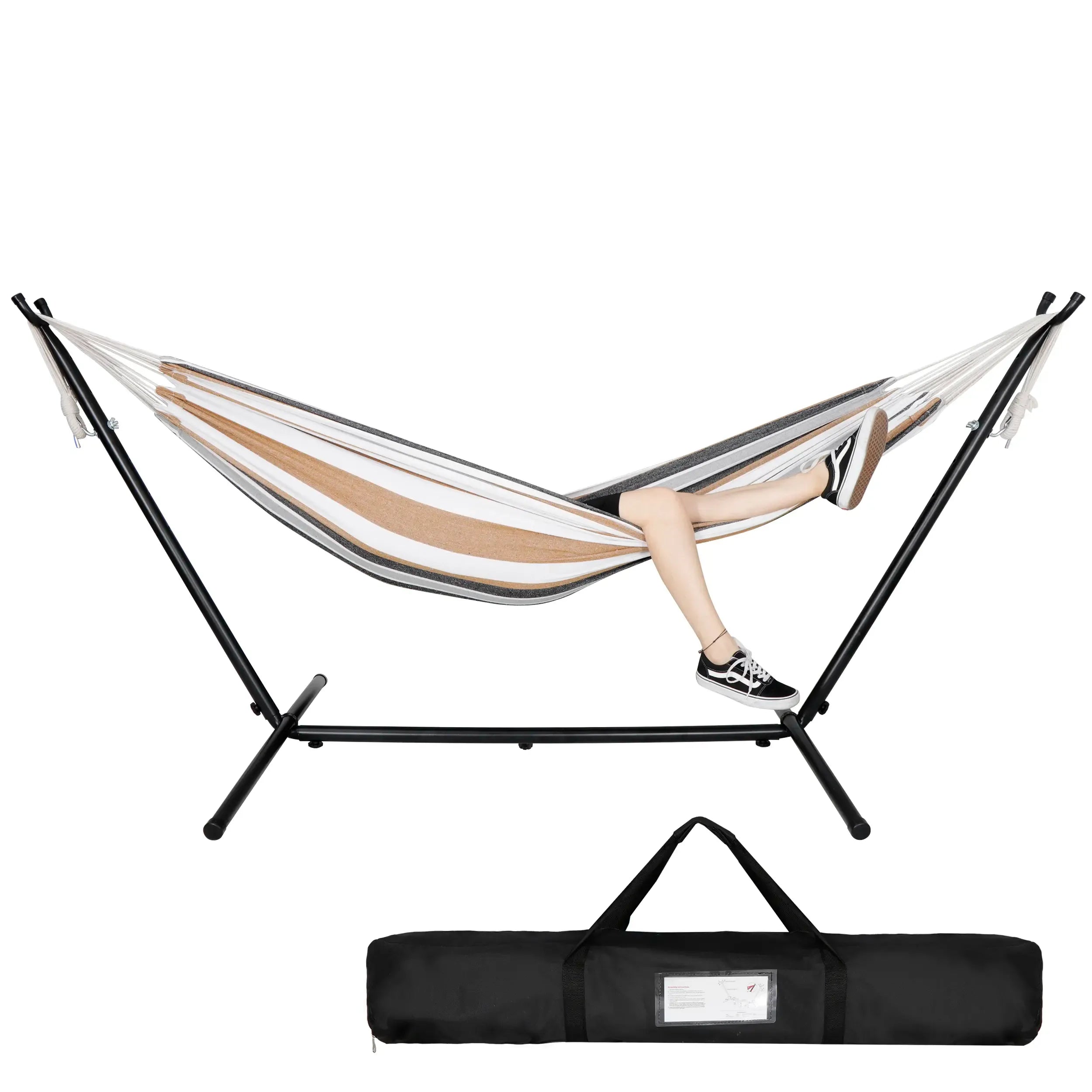 Segawe Portable Double Outdoor Hammock with 9FT Stand Set, Carry Case, 7 Brown, Spacious Comfortable Durable Hammock, Sturdy Stand, Outdoor Porch Swing, Patio Furniture, Backyard Garden Accessories, Outdoor Patio Swing, Breathable,father'sdaygifts,camping