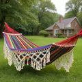 Deluxe Canvas Hammock for Outside, Extra-Thick 2-Person Design with Wooden Spreader Bars, Fishtail Weave & Storage Bag for Patios or Gardens