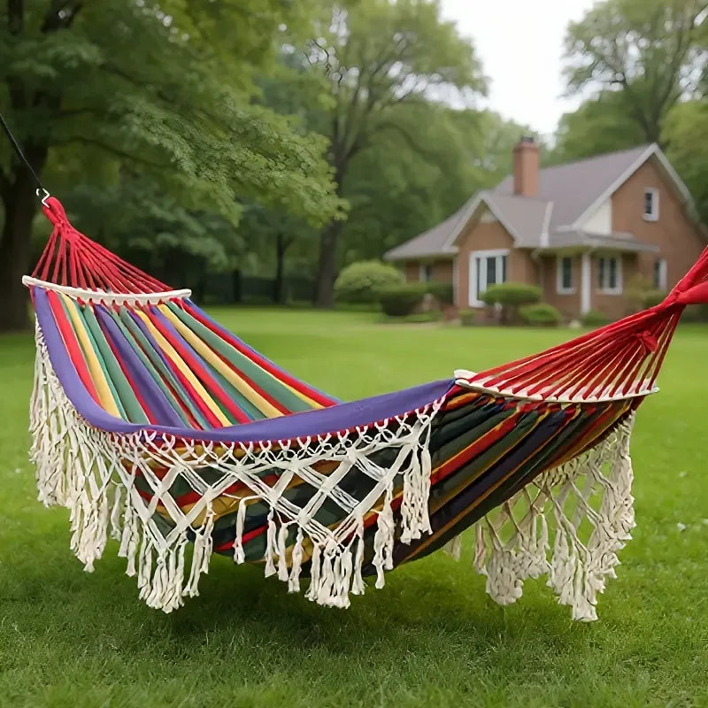 Deluxe Canvas Hammock for Outside, Extra-Thick 2-Person Design with Wooden Spreader Bars, Fishtail Weave & Storage Bag for Patios or Gardens