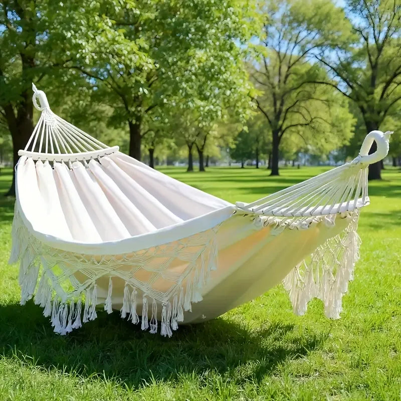 Deluxe Canvas Hammock for Outside, Extra-Thick 2-Person Design with Wooden Spreader Bars, Fishtail Weave & Storage Bag for Patios or Gardens