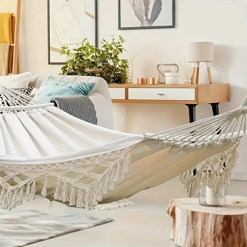 Deluxe Canvas Hammock for Outside, Extra-Thick 2-Person Design with Wooden Spreader Bars, Fishtail Weave & Storage Bag for Patios or Gardens