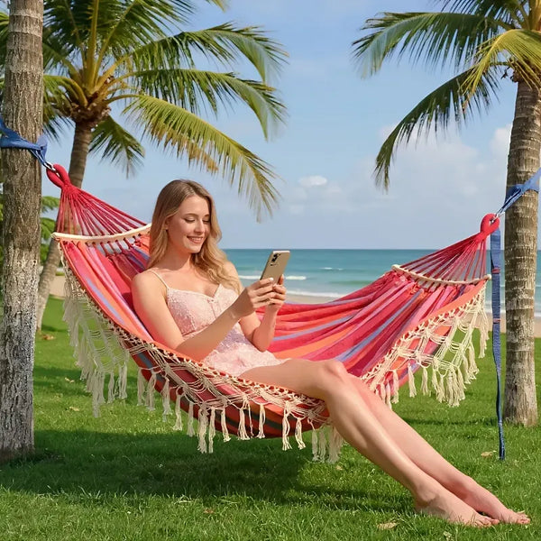 Deluxe Canvas Hammock for Outside, Extra-Thick 2-Person Design with Wooden Spreader Bars, Fishtail Weave & Storage Bag for Patios or Gardens