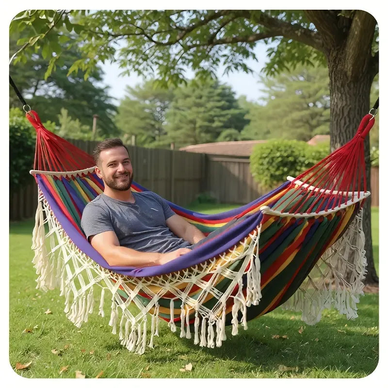 Deluxe Canvas Hammock for Outside, Extra-Thick 2-Person Design with Wooden Spreader Bars, Fishtail Weave & Storage Bag for Patios or Gardens