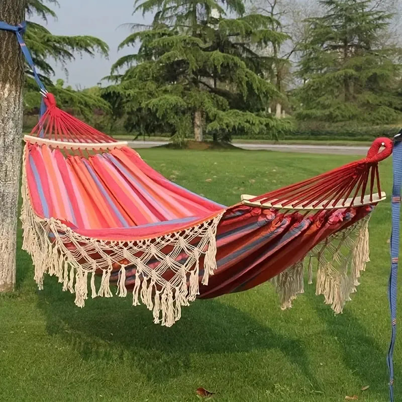 Deluxe Canvas Hammock for Outside, Extra-Thick 2-Person Design with Wooden Spreader Bars, Fishtail Weave & Storage Bag for Patios or Gardens