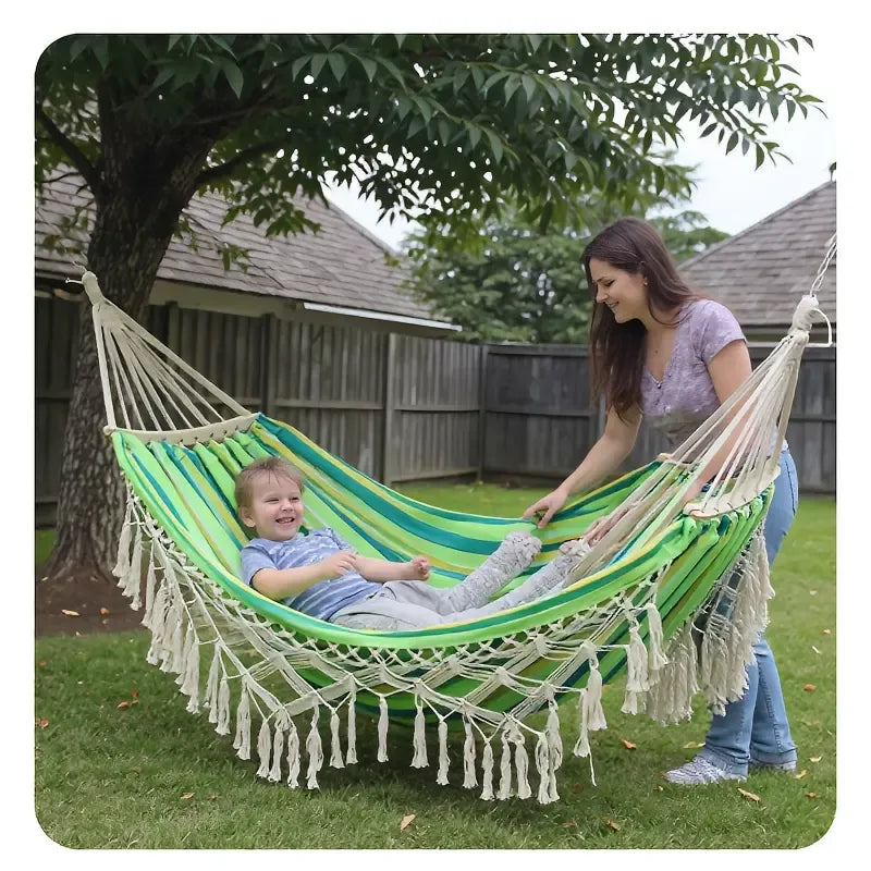 Deluxe Canvas Hammock for Outside, Extra-Thick 2-Person Design with Wooden Spreader Bars, Fishtail Weave & Storage Bag for Patios or Gardens