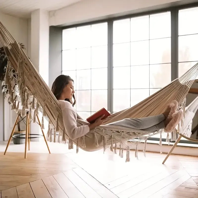 Deluxe Canvas Hammock for Outside, Extra-Thick 2-Person Design with Wooden Spreader Bars, Fishtail Weave & Storage Bag for Patios or Gardens