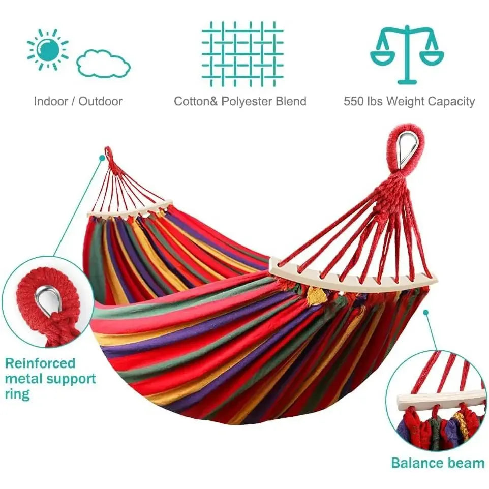 Camping Hammock 550lb Upgraded Thickened 320G Durable Canvas Fabric Single Hammocks with Two Anti Roll Balance Beam & Sturdy Metal Knot Tree Straps for Camping Patio Backyard Outdoor Portable