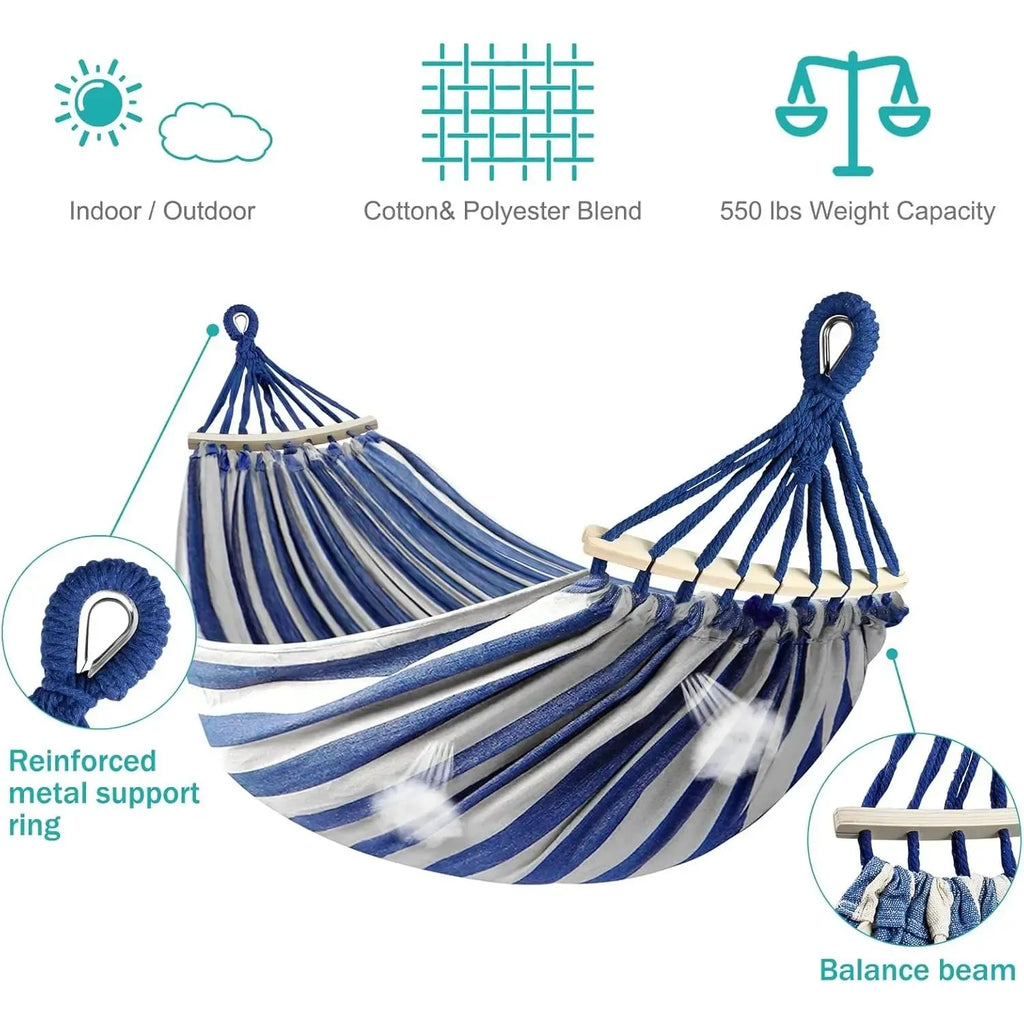 Camping Hammock 550lb Upgraded Thickened 320G Durable Canvas Fabric Single Hammocks with Two Anti Roll Balance Beam & Sturdy Metal Knot Tree Straps for Camping Patio Backyard Outdoor Portable