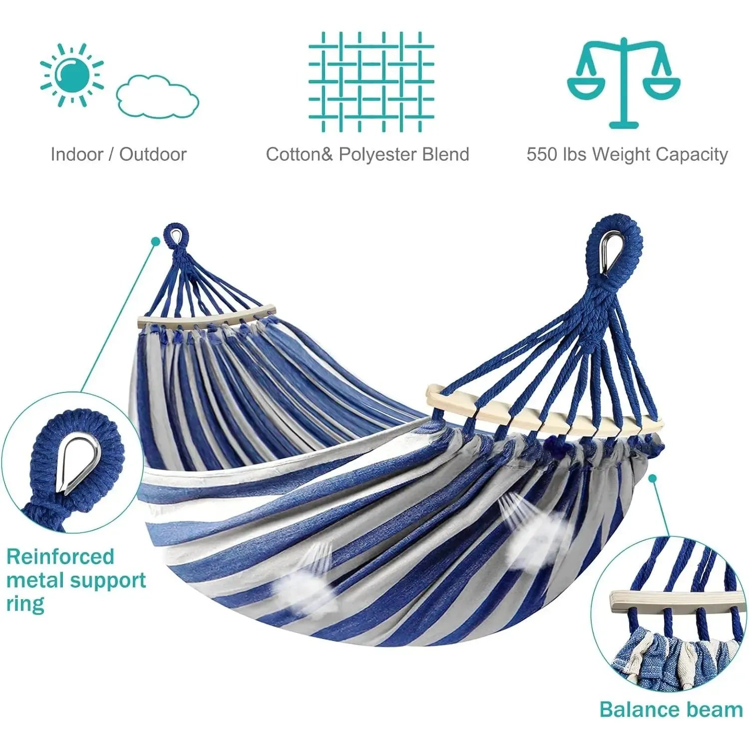 Camping Hammock 550lb Upgraded Thickened 320G Durable Canvas Fabric Single Hammocks with Two Anti Roll Balance Beam & Sturdy Metal Knot Tree Straps for Camping Patio Backyard Outdoor Portable