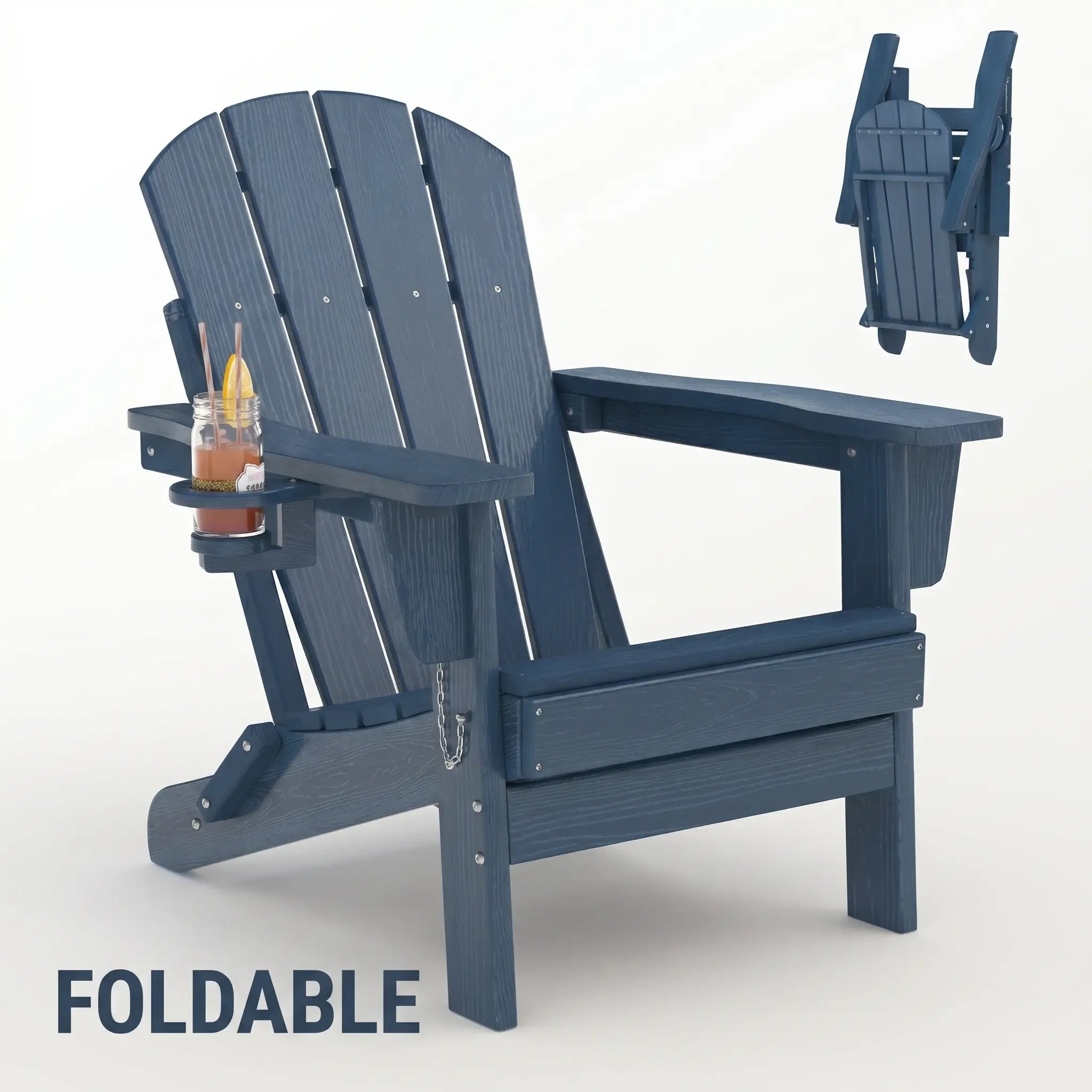【Summer Sale】Folding Adirondack Patio Chair - All-Weather HDPE Outdoor Chair with Wooden Texture & Cup Holder, Weather Resistant Lawn Chair for Garden, Deck, Fire Pit