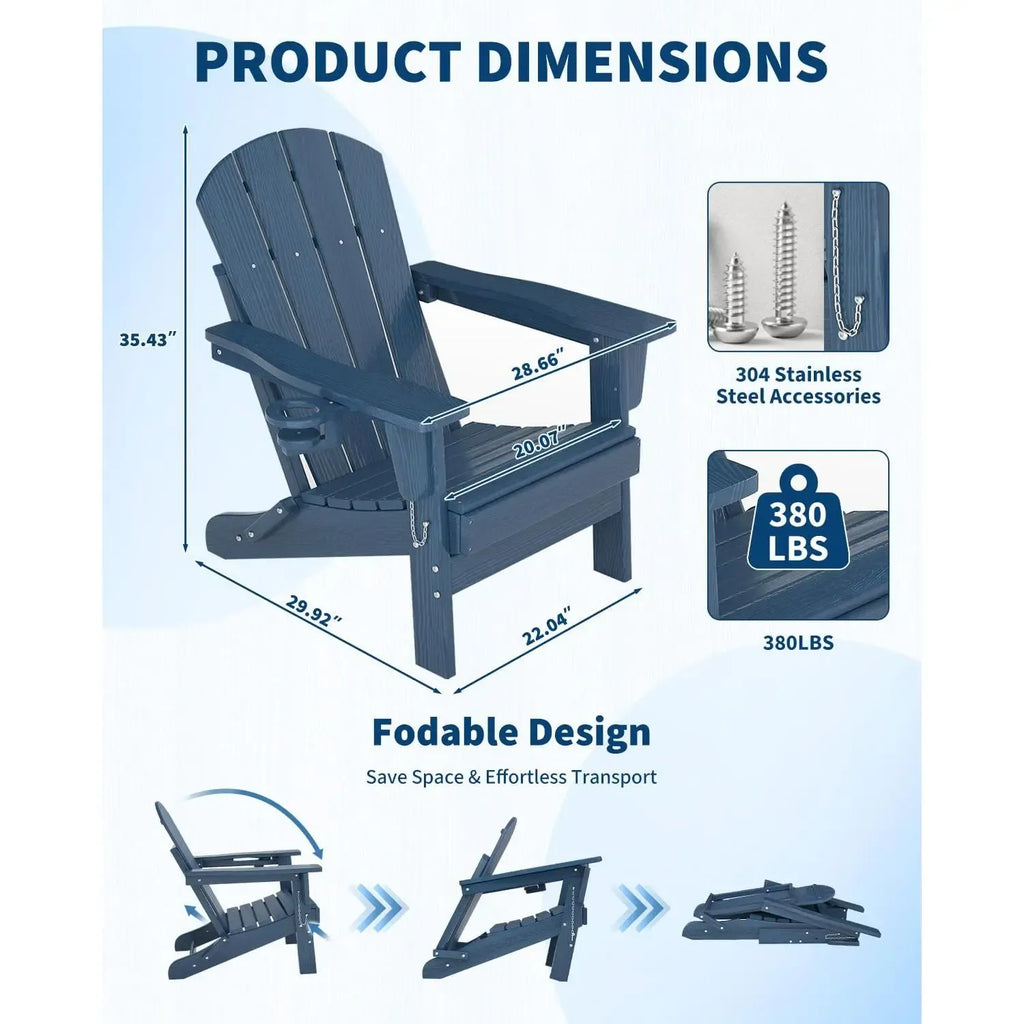 【Summer Sale】Folding Adirondack Patio Chair - All-Weather HDPE Outdoor Chair with Wooden Texture & Cup Holder, Weather Resistant Lawn Chair for Garden, Deck, Fire Pit