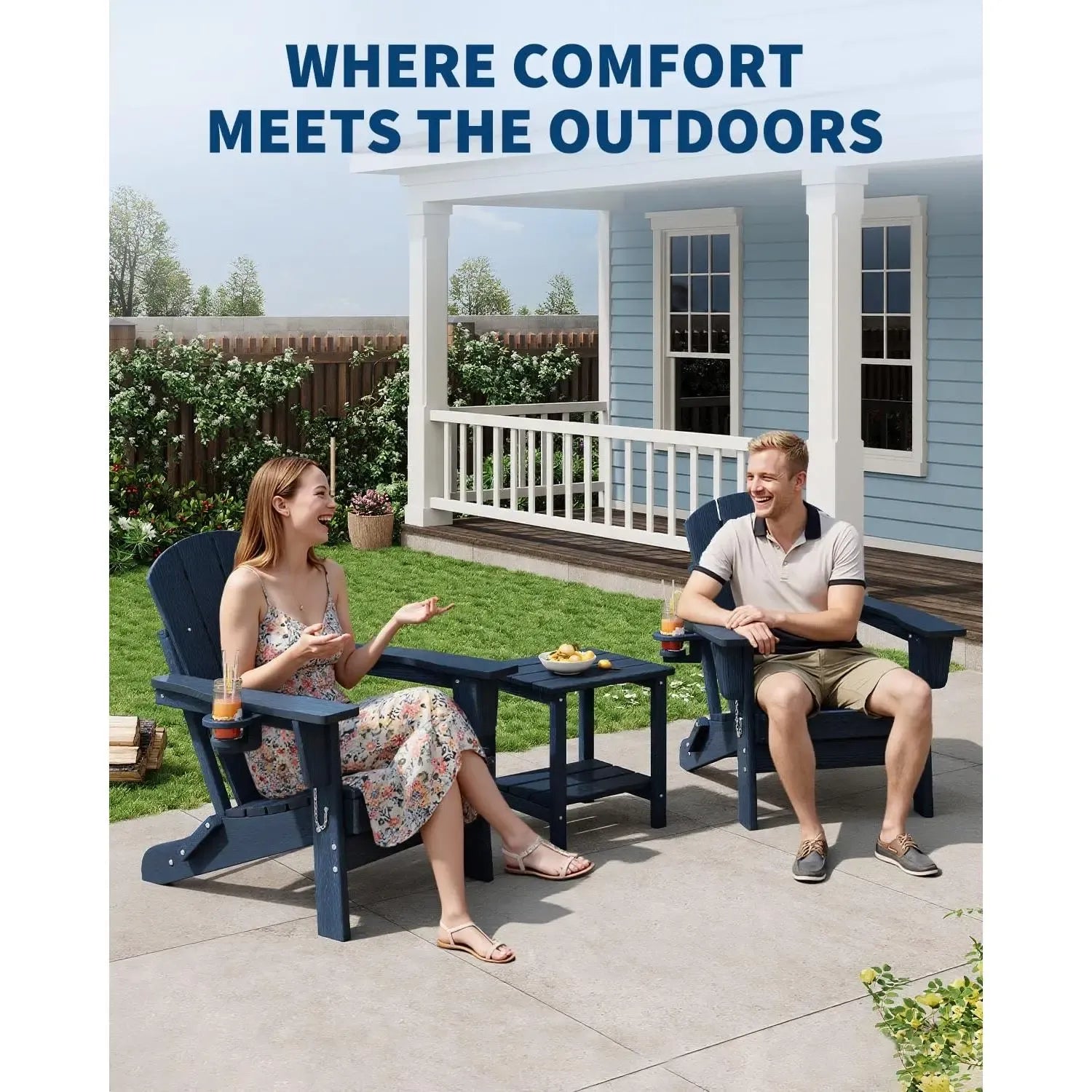 【Summer Sale】Folding Adirondack Patio Chair - All-Weather HDPE Outdoor Chair with Wooden Texture & Cup Holder, Weather Resistant Lawn Chair for Garden, Deck, Fire Pit