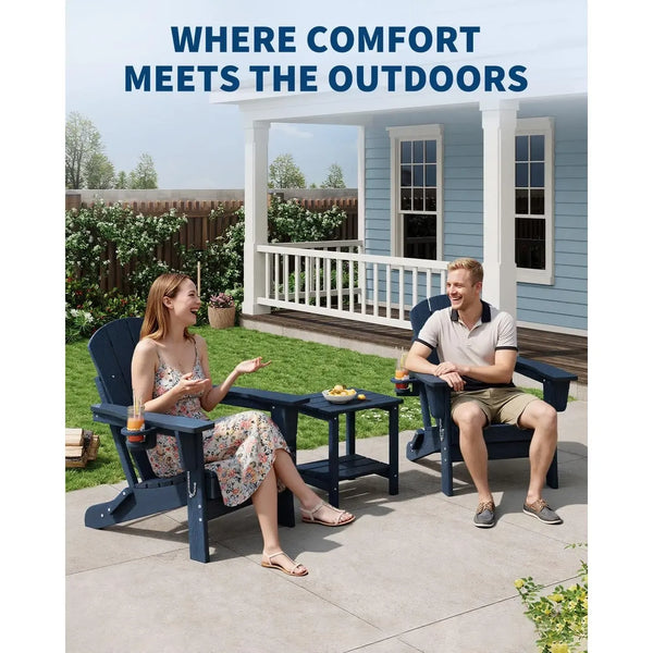 【Summer Sale】Folding Adirondack Patio Chair - All-Weather HDPE Outdoor Chair with Wooden Texture & Cup Holder, Weather Resistant Lawn Chair for Garden, Deck, Fire Pit