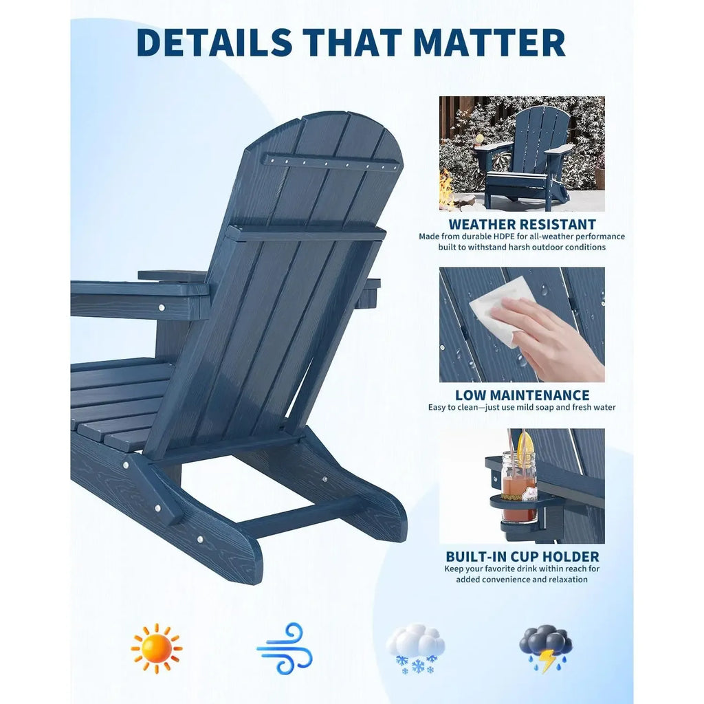 【Summer Sale】Folding Adirondack Patio Chair - All-Weather HDPE Outdoor Chair with Wooden Texture & Cup Holder, Weather Resistant Lawn Chair for Garden, Deck, Fire Pit
