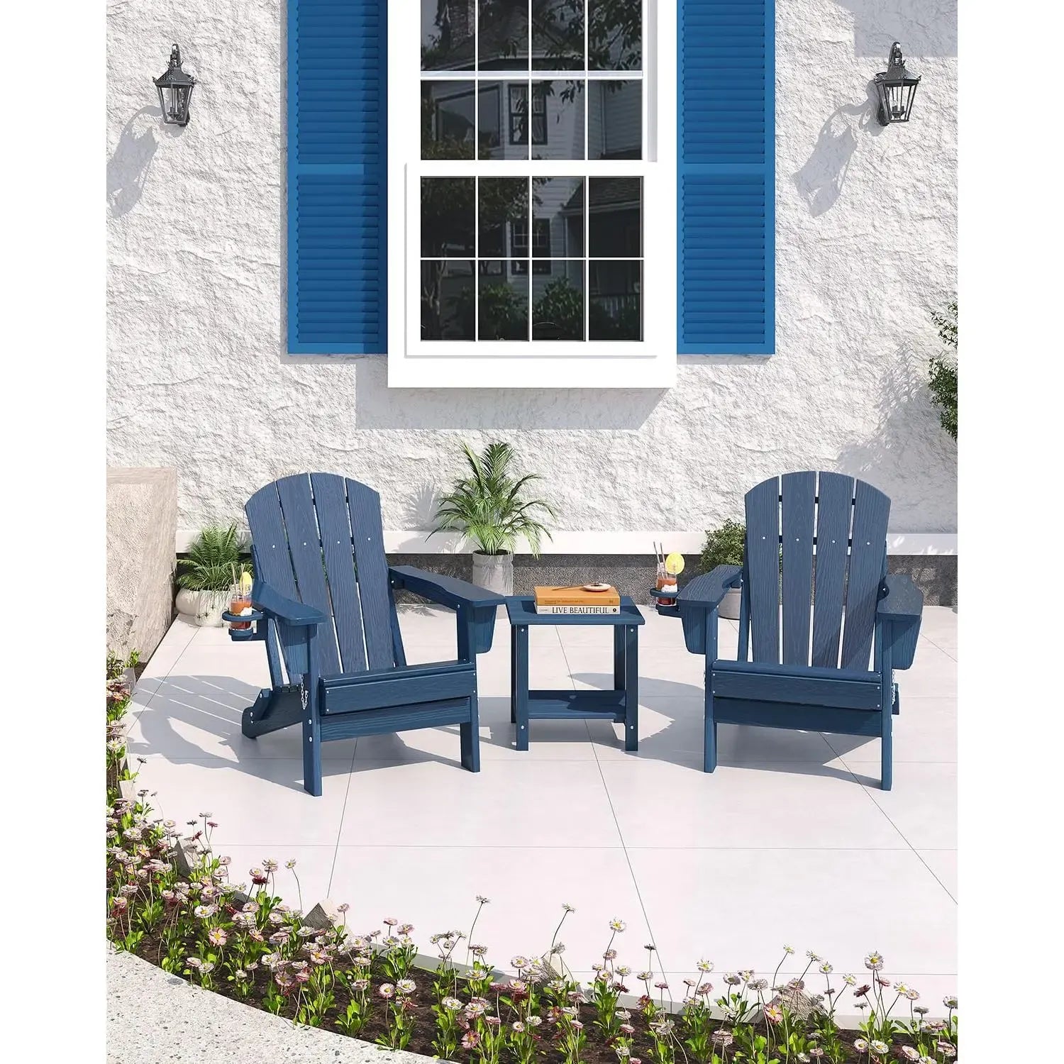 【Summer Sale】Folding Adirondack Patio Chair - All-Weather HDPE Outdoor Chair with Wooden Texture & Cup Holder, Weather Resistant Lawn Chair for Garden, Deck, Fire Pit