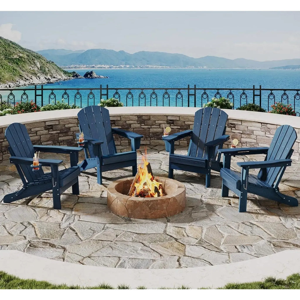 【Summer Sale】Folding Adirondack Patio Chair - All-Weather HDPE Outdoor Chair with Wooden Texture & Cup Holder, Weather Resistant Lawn Chair for Garden, Deck, Fire Pit