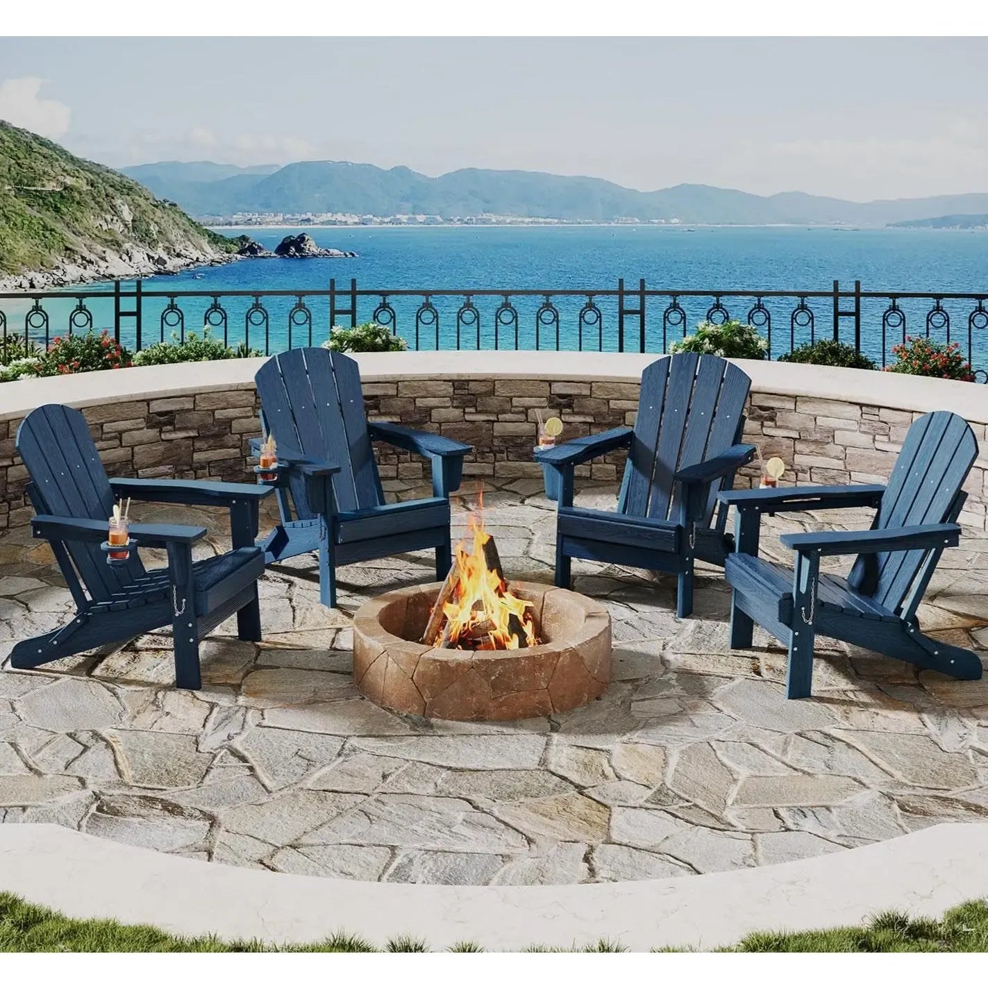 【Summer Sale】Folding Adirondack Patio Chair - All-Weather HDPE Outdoor Chair with Wooden Texture & Cup Holder, Weather Resistant Lawn Chair for Garden, Deck, Fire Pit