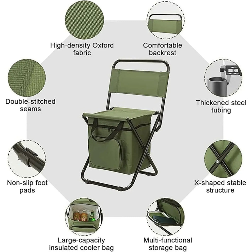 Portable Fishing Chair with Ice Bag, Fishing Chair with Cooler Bag, Compact Fishing Stool, Foldable Camping Chair Compact Foldable Camping Chair, Durable Oxford Fabric Outdoor Chair, Holds Up to 440 Lbs, Suitable Travel、 Camping 、Hunting 、Hiking