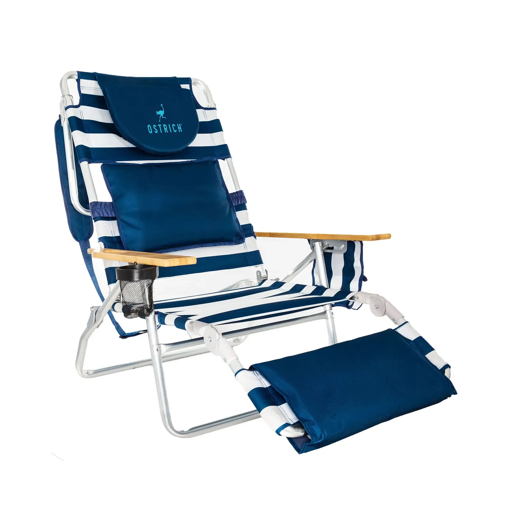 Ostrich Deluxe Padded 3N1 Outdoor Lounge Folding Reclining Beach Chair with Adjustable Positions & Carry Strap for Tanning Pool Lounger