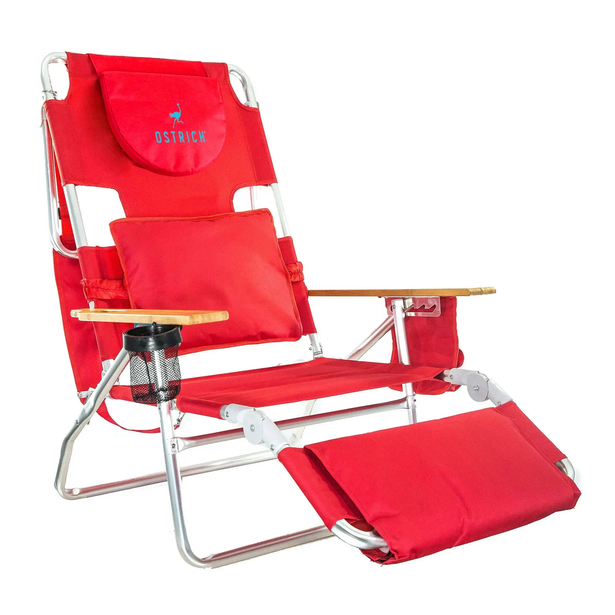 Ostrich Deluxe Padded 3N1 Outdoor Lounge Folding Reclining Beach Chair with Adjustable Positions & Carry Strap for Tanning Pool Lounger