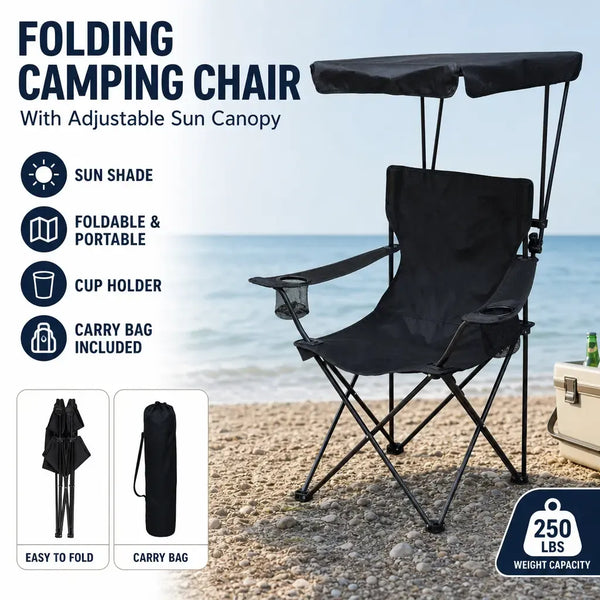 Camping Chair with Canopy, High Back Folding Beach Chair with Canopy Shade, Cup Holder, Side Pocket, 300 lbs Heavy Duty Canopy Chair for Outdoors SummerVibes