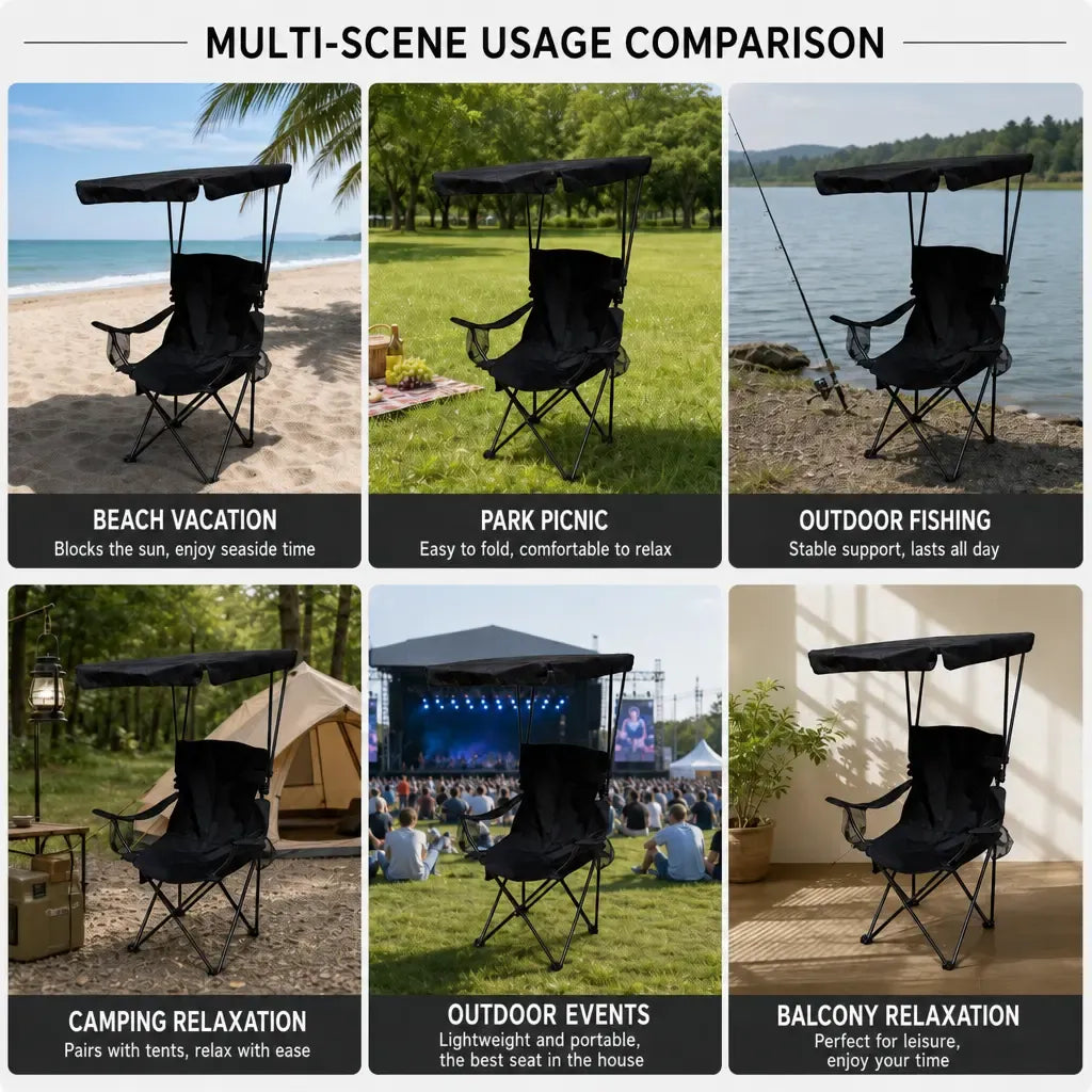 Camping Chair with Canopy, High Back Folding Beach Chair with Canopy Shade, Cup Holder, Side Pocket, 300 lbs Heavy Duty Canopy Chair for Outdoors SummerVibes