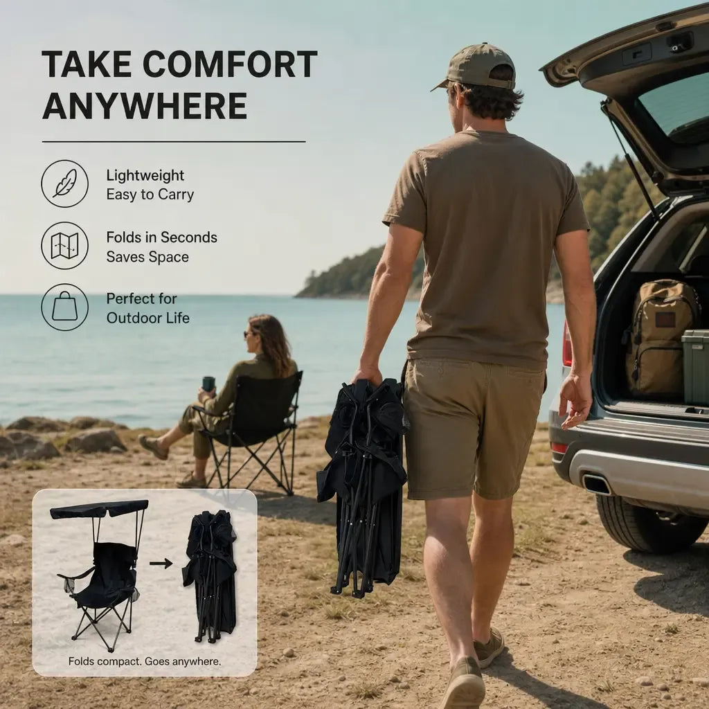 Camping Chair with Canopy, High Back Folding Beach Chair with Canopy Shade, Cup Holder, Side Pocket, 300 lbs Heavy Duty Canopy Chair for Outdoors SummerVibes