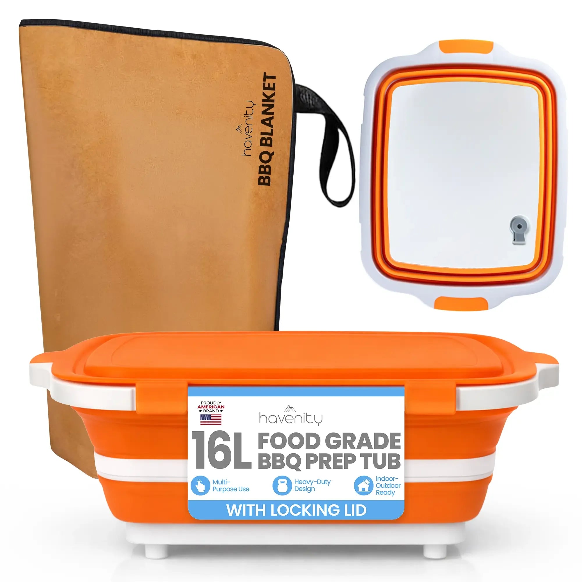 HAVENITY BBQ Prep Tub Kit, 16L Collapsible Silicone Basin with Cutting Board Lid and Insulated Meat Resting Bag, Portable Grill Accessories for Camping, Great Dad Gifts summerwins