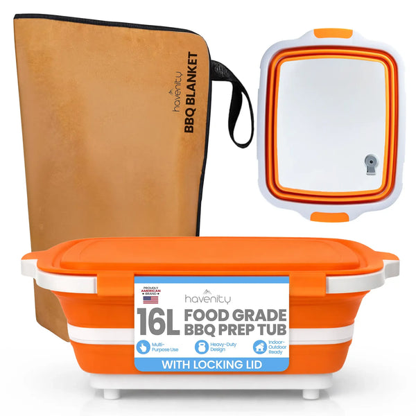 HAVENITY BBQ Prep Tub Kit, 16L Collapsible Silicone Basin with Cutting Board Lid and Insulated Meat Resting Bag, Portable Grill Accessories for Camping, Great Dad Gifts summerwins