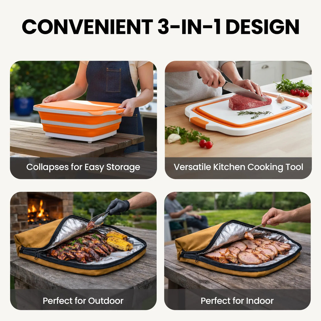 HAVENITY BBQ Prep Tub Kit, 16L Collapsible Silicone Basin with Cutting Board Lid and Insulated Meat Resting Bag, Portable Grill Accessories for Camping, Great Dad Gifts summerwins