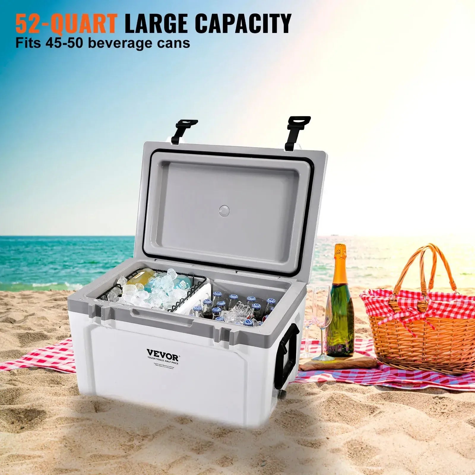 【FathersDayGift】VEVOR Insulated Portable Cooler, 52 qt, Holds 50 Cans, Ice Retention Hard Cooler with Heavy Duty Handle, Ice Chest Lunch Box for Camping, Beach, Picnic, Travel, Outdoor, Keeps Ice for up to 6 Days