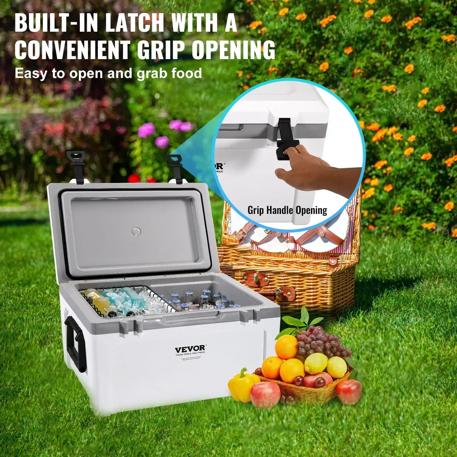 【FathersDayGift】VEVOR Insulated Portable Cooler, 52 qt, Holds 50 Cans, Ice Retention Hard Cooler with Heavy Duty Handle, Ice Chest Lunch Box for Camping, Beach, Picnic, Travel, Outdoor, Keeps Ice for up to 6 Days