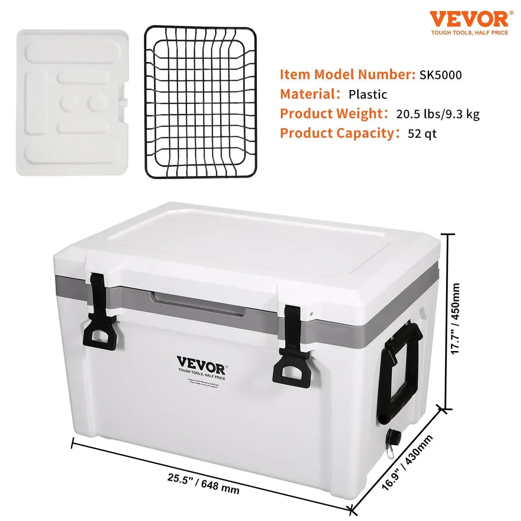 【FathersDayGift】VEVOR Insulated Portable Cooler, 52 qt, Holds 50 Cans, Ice Retention Hard Cooler with Heavy Duty Handle, Ice Chest Lunch Box for Camping, Beach, Picnic, Travel, Outdoor, Keeps Ice for up to 6 Days
