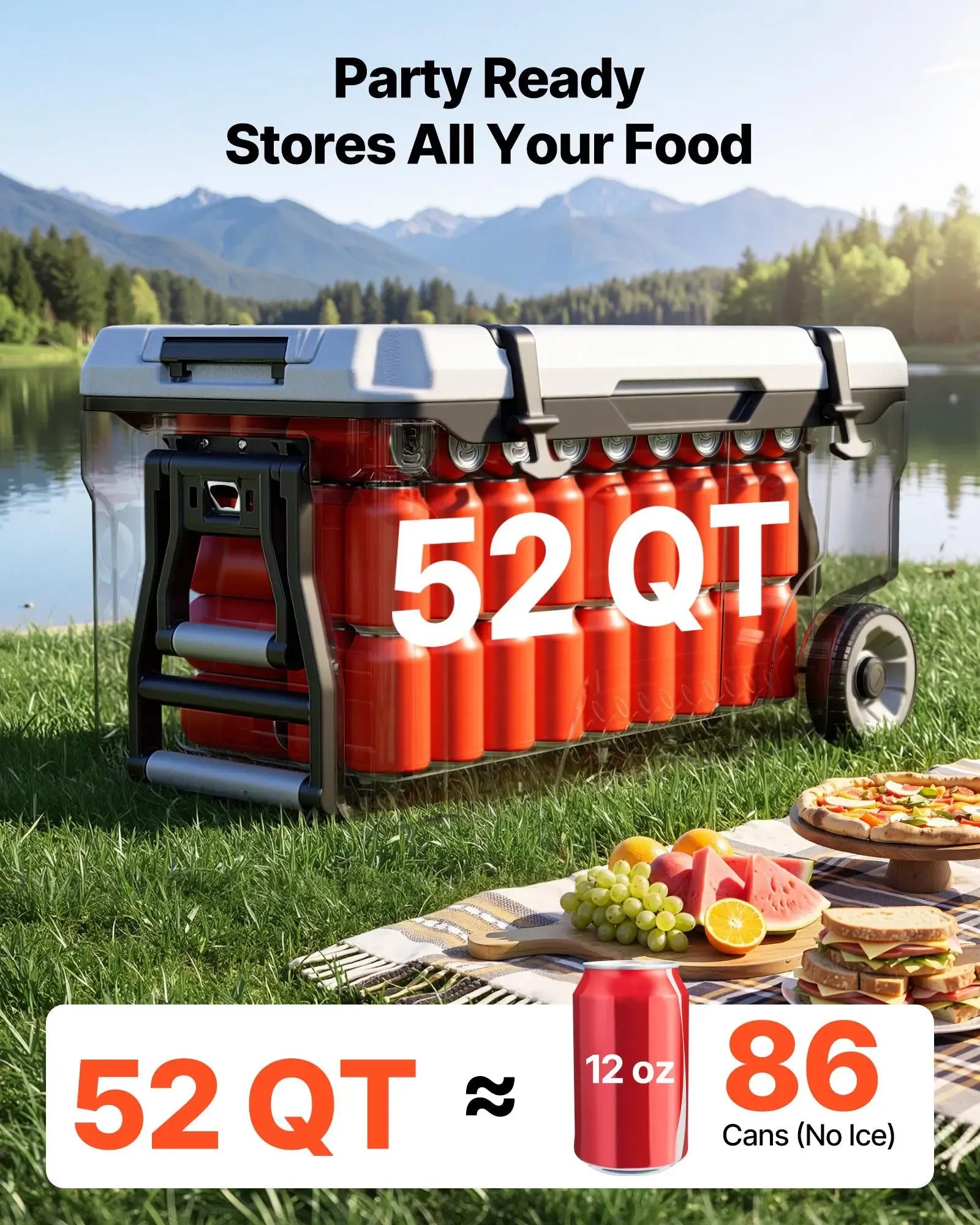 【FathersDayGift】VEVOR Hard Cooler, 52QT Portable Rolling Cooler with Wheels, Leak-Resistant Coolbox Keeps Contents Cool for 48 Hours, Ice Retention Insulated Chests, Ultra-Light for Outdoor Picnics, Grill, Camping