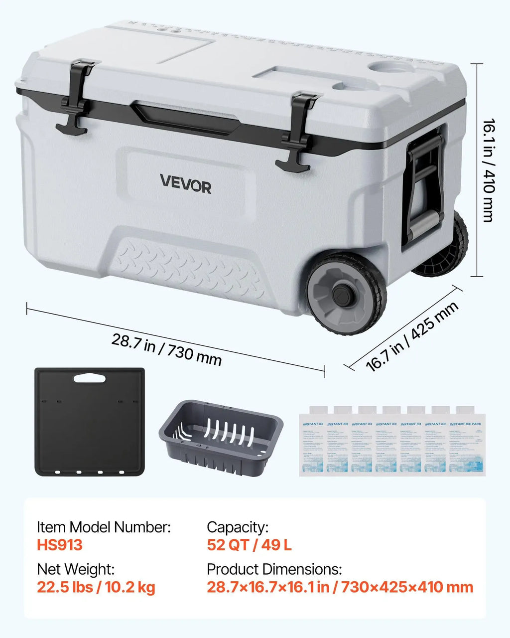 【FathersDayGift】VEVOR Hard Cooler, 52QT Portable Rolling Cooler with Wheels, Leak-Resistant Coolbox Keeps Contents Cool for 48 Hours, Ice Retention Insulated Chests, Ultra-Light for Outdoor Picnics, Grill, Camping
