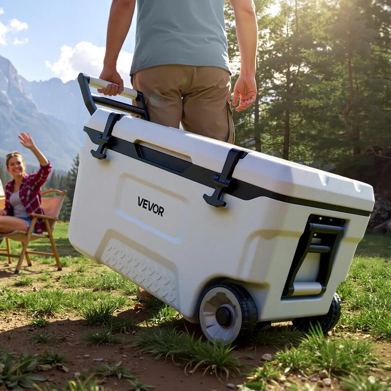 【FathersDayGift】VEVOR Hard Cooler, 52QT Portable Rolling Cooler with Wheels, Leak-Resistant Coolbox Keeps Contents Cool for 48 Hours, Ice Retention Insulated Chests, Ultra-Light for Outdoor Picnics, Grill, Camping