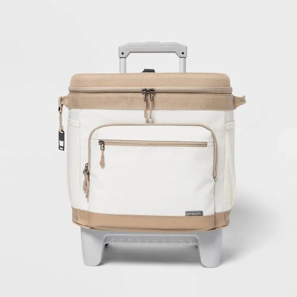 Embark Cooler 26QT Portable Soft Sided Roller Tan Cup Holder Wheels