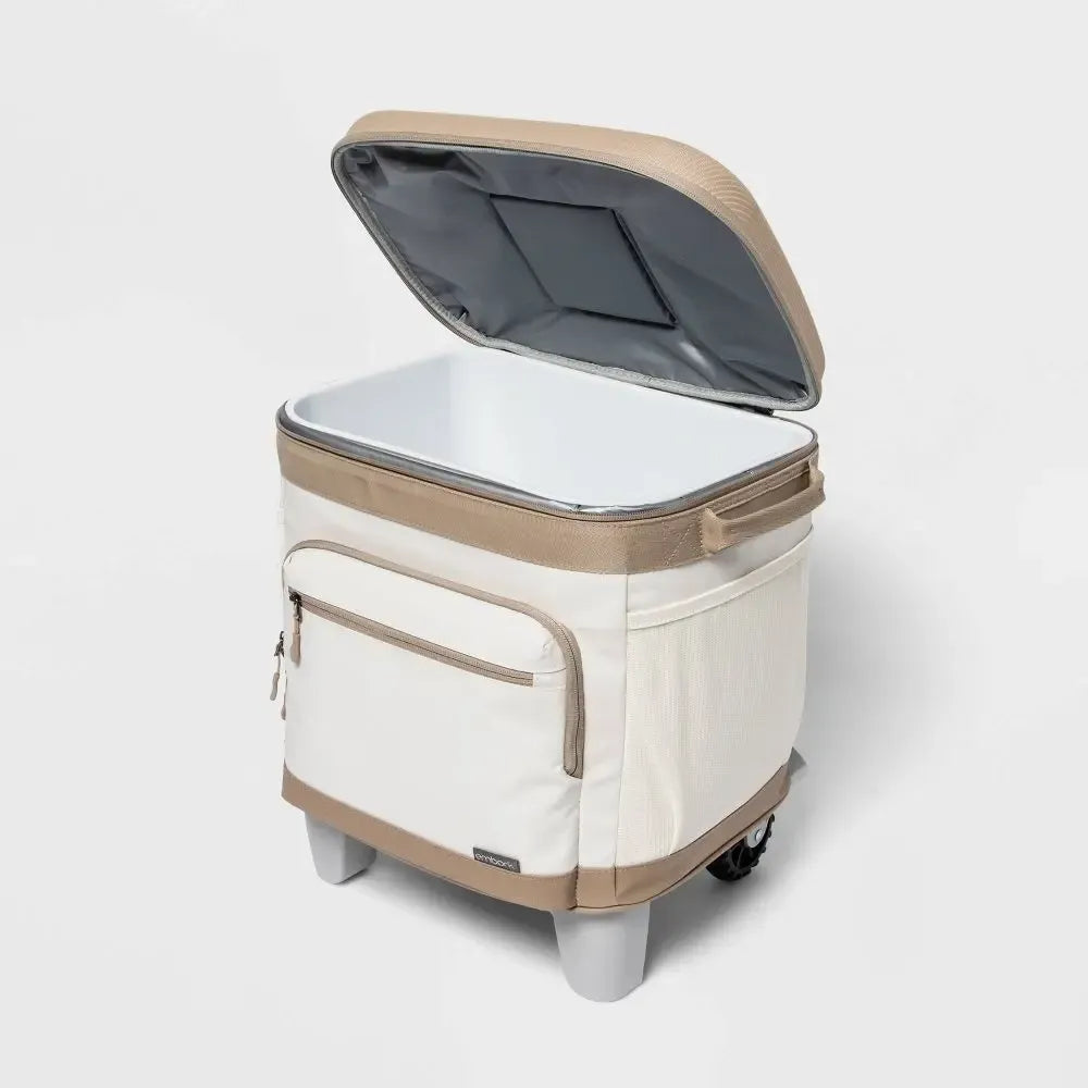 Embark Cooler 26QT Portable Soft Sided Roller Tan Cup Holder Wheels