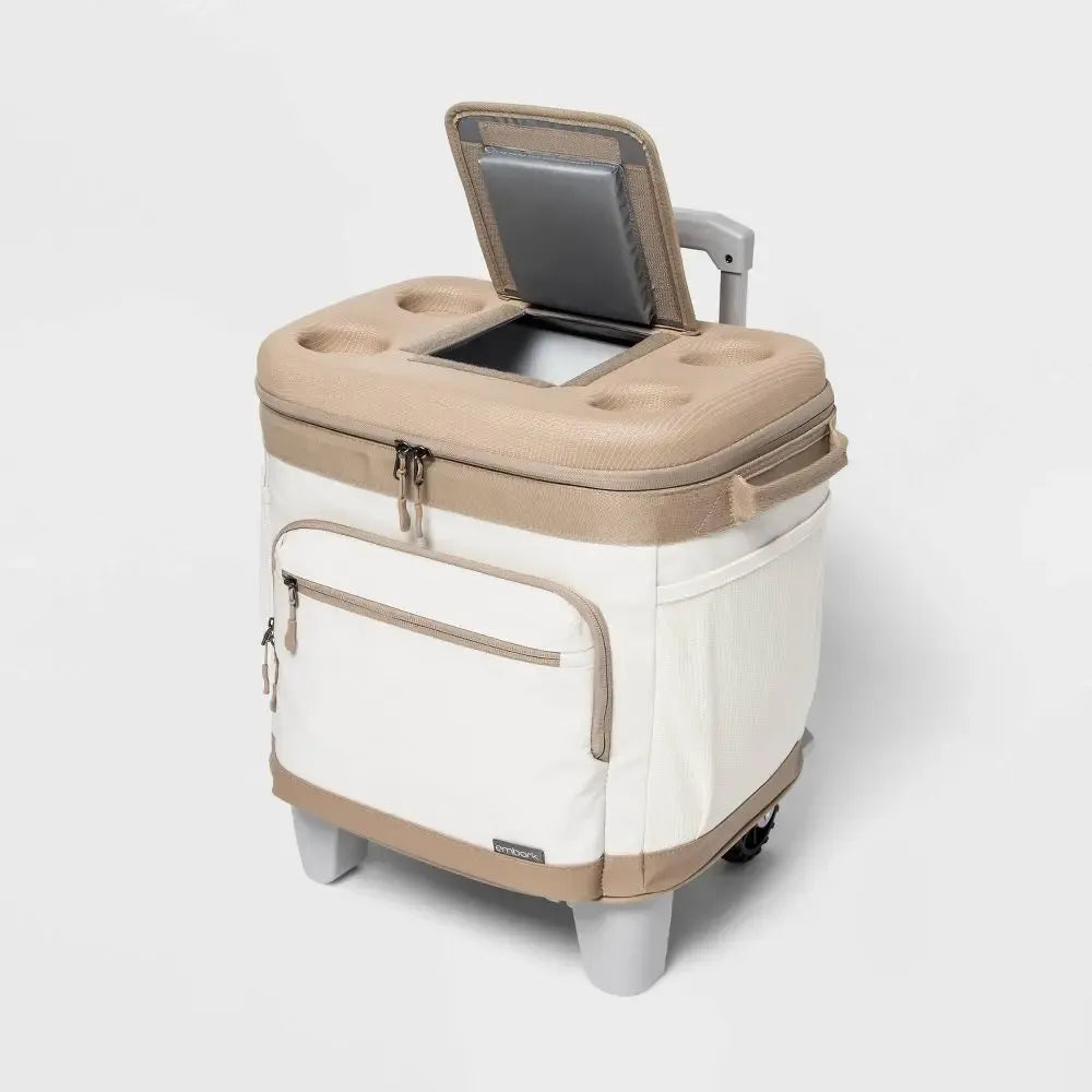 Embark Cooler 26QT Portable Soft Sided Roller Tan Cup Holder Wheels